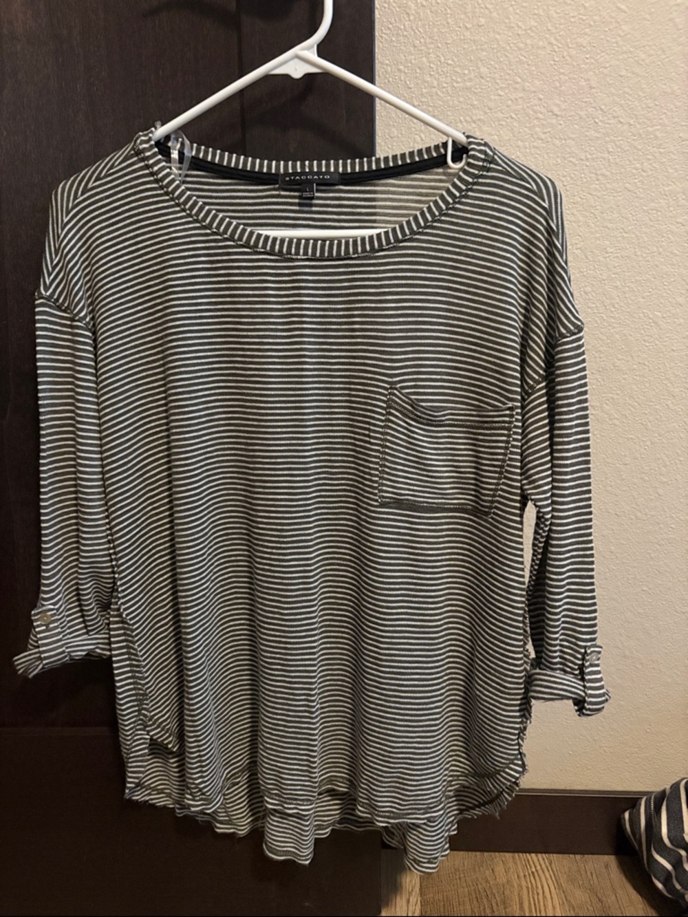 Staccato blue and White Striped 3/4 Sleeve Pocket Tee